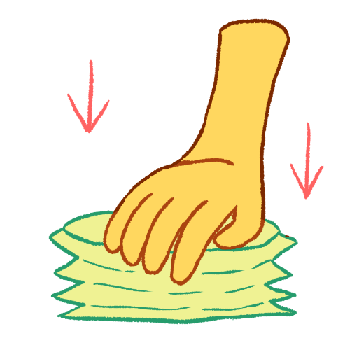 A digitally drawn emoji of an emoji yellow hand pressing down a squishy light green tube. There are two light pink arrows next to it pointing downwards.